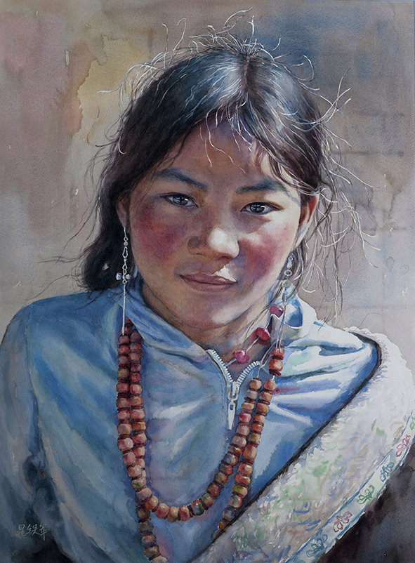 8. 西藏女孩, 2016, 纸面水彩, 75 x 55 cm (2017 葡萄牙国际水彩画协会IWS艺术节)
